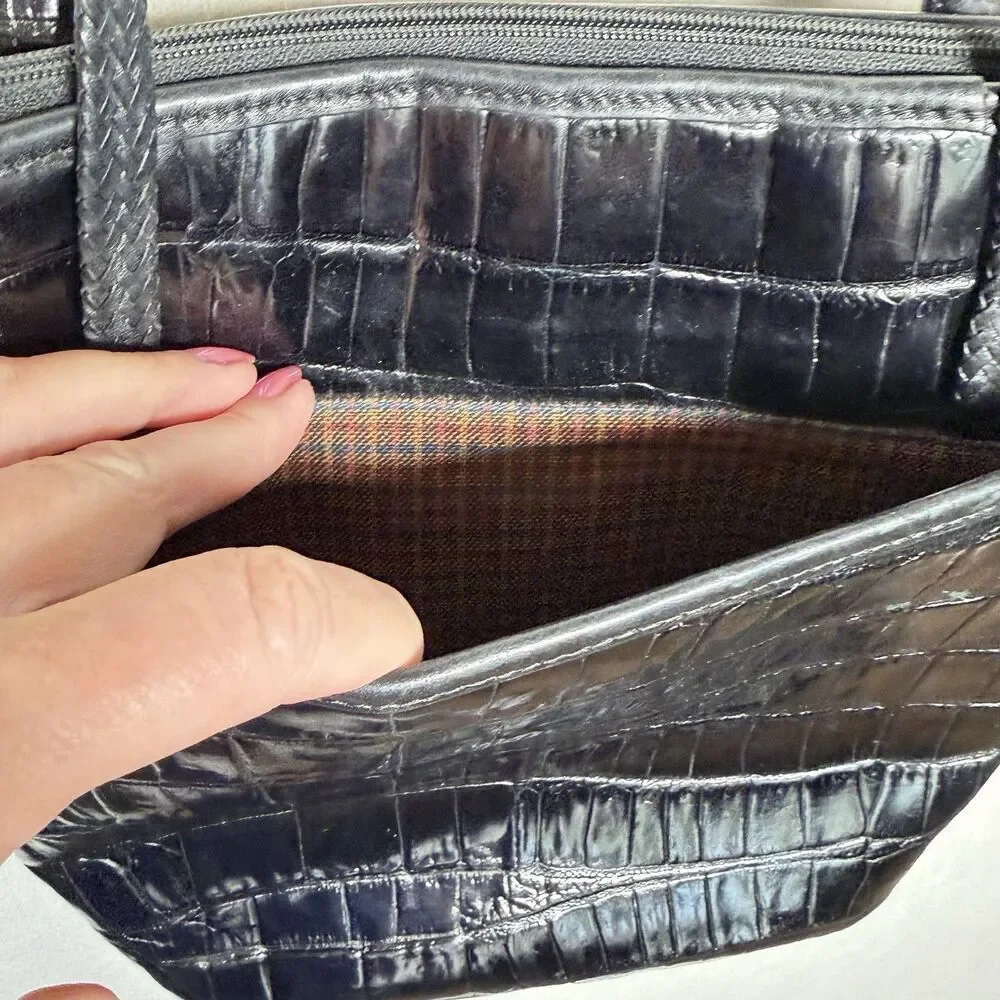Brighton Black Faux Croc Embossed Shoulder Bag Vintage Plaid Lining Heart Charms